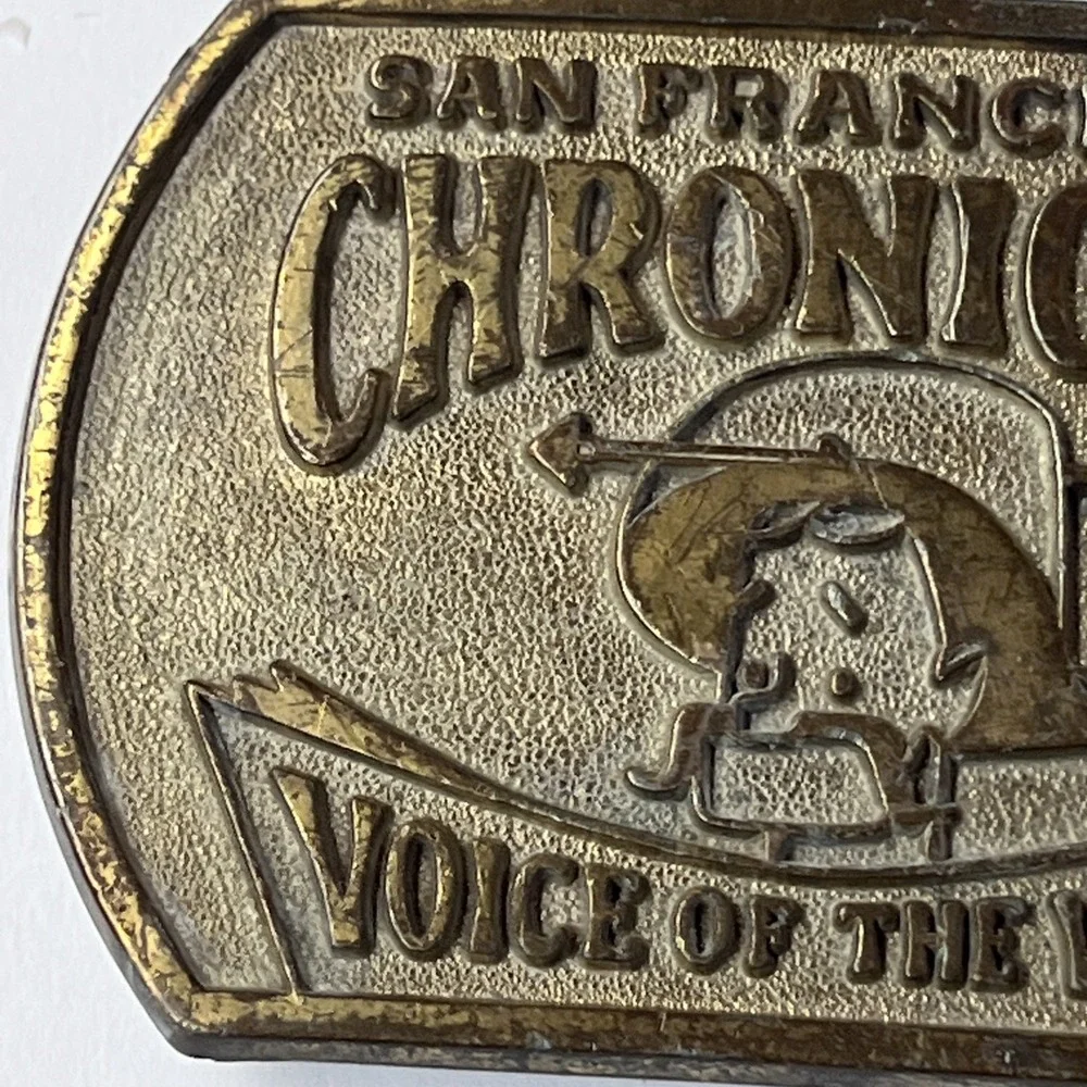 VTG 1970's San Francisco Chronicle Voice Of The West Brass Belt Buckle 3 3/8